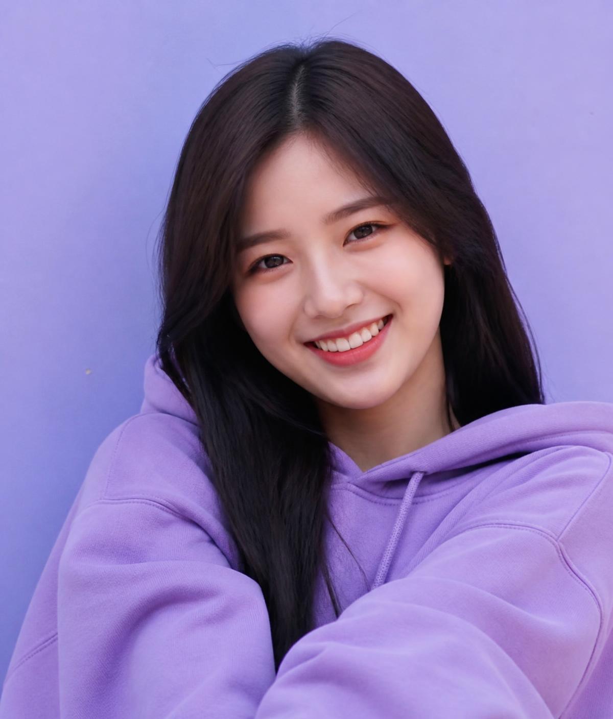 Joven sonriendo con una sudadera morada personalizada de 7ateStore